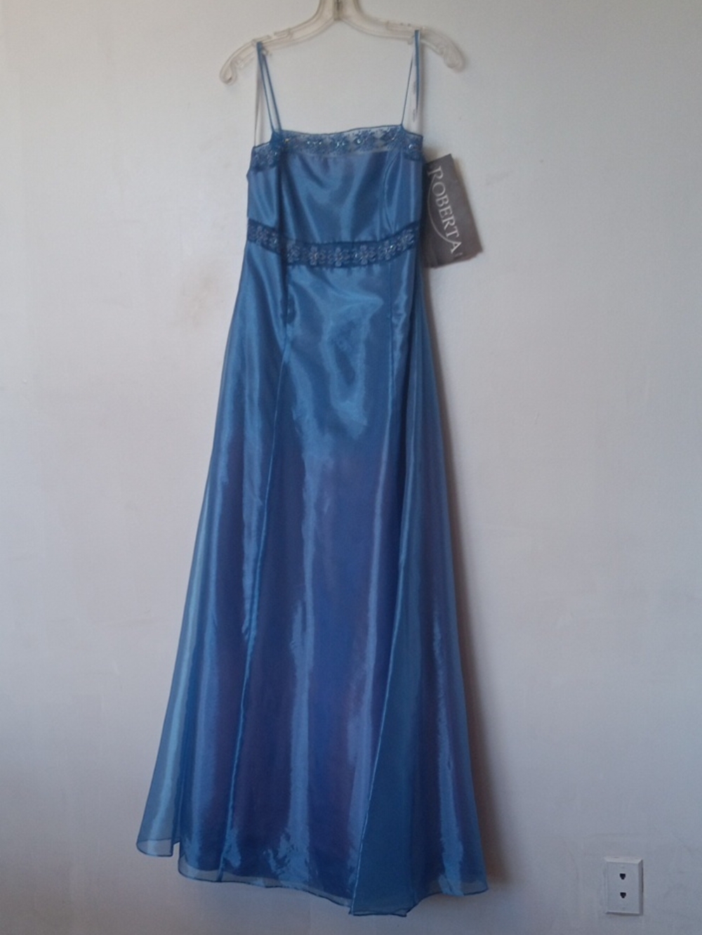Roberta Bridal Shimmering Blue Satin Maxi Dress with Lace Accents